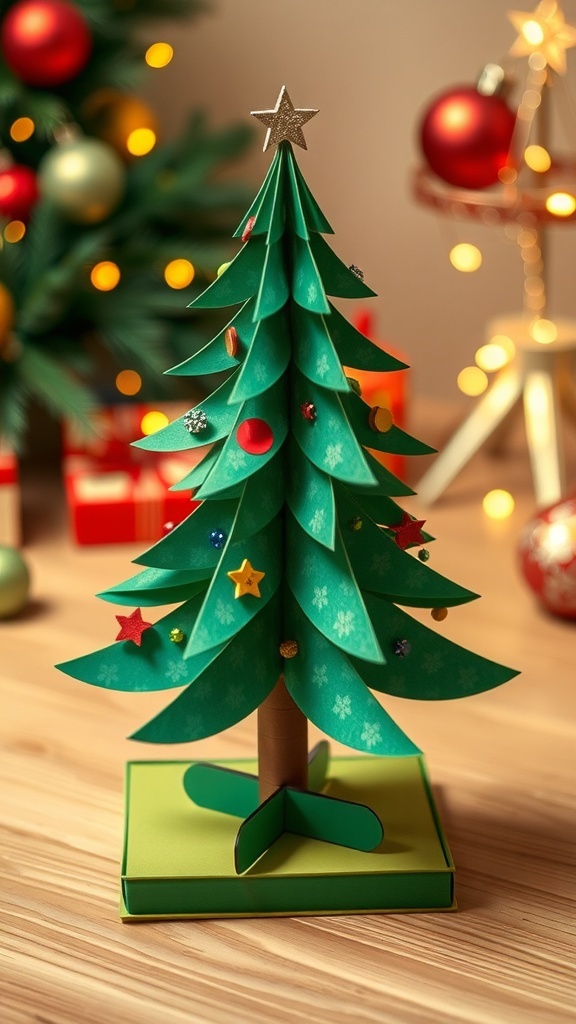 3D Christmas Tree Decoration Recipe A 3D Christmas tree made from cardstock, decorated with glitter and stickers, set in a festive holiday environment.